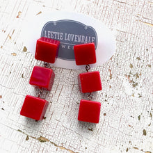 Load image into Gallery viewer, Cherry Red Cube Tri Dot Drop Earrings