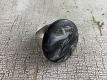 Load image into Gallery viewer, Charcoal Marbled Moonglow Lucite Silver Cocktail Ring