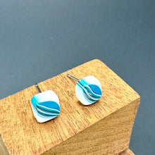 Load image into Gallery viewer, Aqua Blue &amp; White Striped Square Cane Slice Stud Earrings