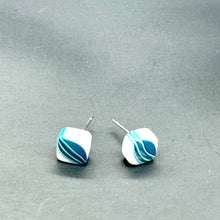 Load image into Gallery viewer, Aqua Blue &amp; White Striped Square Cane Slice Stud Earrings