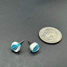 Load image into Gallery viewer, Aqua Blue &amp; White Striped Square Cane Slice Stud Earrings