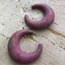Load image into Gallery viewer, Violet &amp; Gold Paisley Decoupage Hoop Earrings* Final Sale