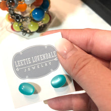 Load image into Gallery viewer, Aqua Blue Green Moonglow Oval Stud Earrings