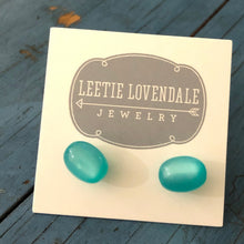 Load image into Gallery viewer, Aqua Blue Green Moonglow Oval Stud Earrings