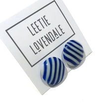 Load image into Gallery viewer, Cobalt Blue &amp; White Pin Stripe Disc Stud Earrings