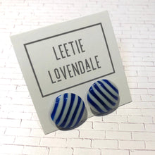Load image into Gallery viewer, Cobalt Blue &amp; White Pin Stripe Disc Stud Earrings