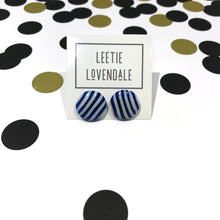 Load image into Gallery viewer, Cobalt Blue &amp; White Pin Stripe Disc Stud Earrings