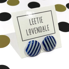 Load image into Gallery viewer, Cobalt Blue &amp; White Pin Stripe Disc Stud Earrings
