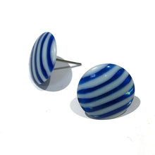 Load image into Gallery viewer, Cobalt Blue &amp; White Pin Stripe Disc Stud Earrings