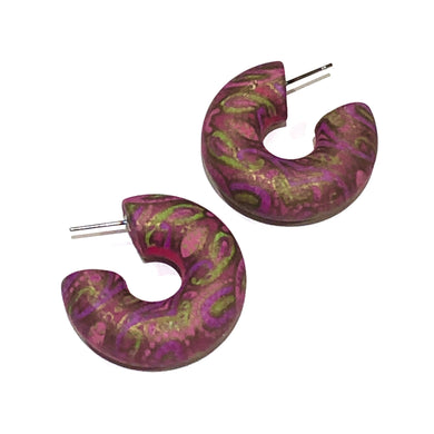 Violet Paisley Pattern Decoupage Chunky Tube Hoop Earrings