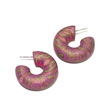 Load image into Gallery viewer, Violet Paisley Pattern Decoupage Chunky Tube Hoop Earrings