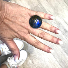 Load image into Gallery viewer, Cobalt &amp; Gold Marbled Lucite Silver Cocktail Ring