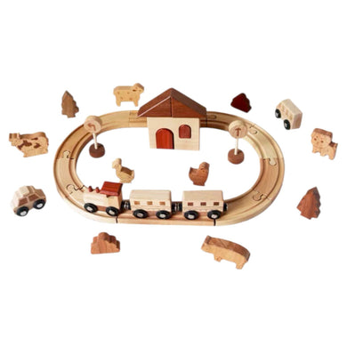 **Pre-order (Ships in 2-3 Weeks)**Wooden Farm Train Track Play Set – 32-Piece Natural Solid Wood Toy