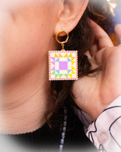 Load image into Gallery viewer, Crafty Quilt Squares Rainbow Dangle Earrings