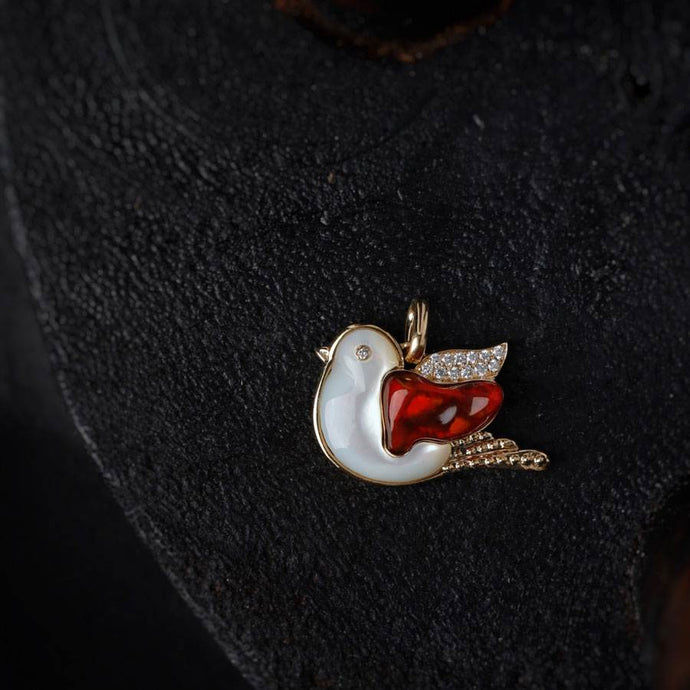 The Fat Pigeon - Fire Opal Diamond Pendant 18K Yellow Gold Adorable Bird Necklace