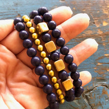 Load image into Gallery viewer, Navy Blurple &amp; Gold Cube Stack and Stretch Bracelet Set *