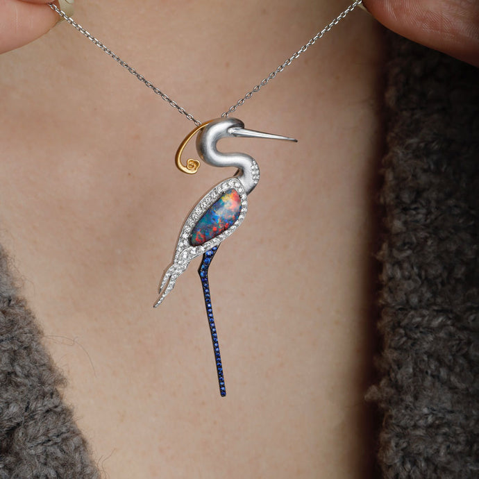 The Egret - Boulder Opal Diamond Sapphire Pendant & Brooch 18k Gold