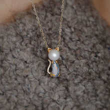 Load image into Gallery viewer, Adorable Paws Kitty Cat Black Opal Diamond &amp; Akoya Pearl Necklace 18K Gold