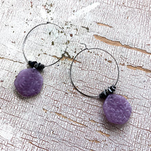 Load image into Gallery viewer, Marbled Lavender Ice Chip Gun Metal Hoop Earrings
