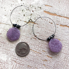 Load image into Gallery viewer, Marbled Lavender Ice Chip Gun Metal Hoop Earrings