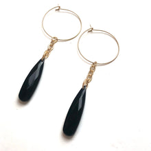 Load image into Gallery viewer, Black Faceted Briolette on Gold Hoop Earrings *