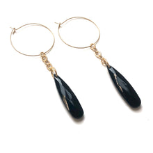 Load image into Gallery viewer, Black Faceted Briolette on Gold Hoop Earrings *