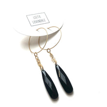 Load image into Gallery viewer, Black Faceted Briolette on Gold Hoop Earrings *