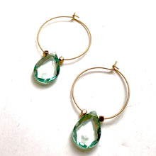 Load image into Gallery viewer, Sage Green Faceted Briolette on Gold Hoop Earrings