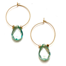 Load image into Gallery viewer, Sage Green Faceted Briolette on Gold Hoop Earrings