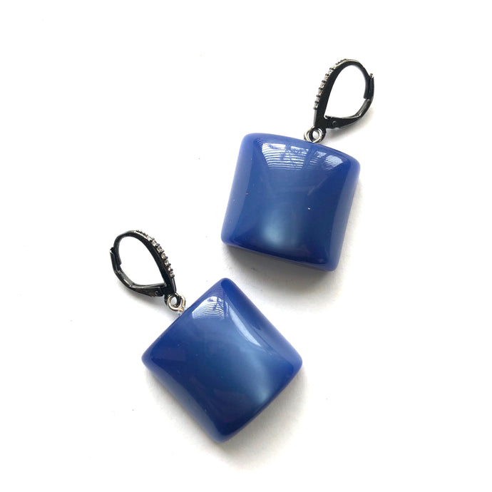 Slate Blue Moonglow Cube & CZ Bling Drop Earrings