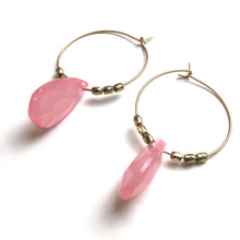 Load image into Gallery viewer, Pink Quartz Faceted Briolette on Gold Hoop Earrings *