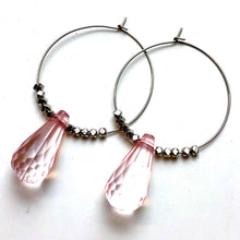 Load image into Gallery viewer, Pink Faceted Briolette on Gun Metal Hoop Earrings *