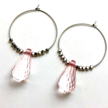 Load image into Gallery viewer, Pink Faceted Briolette on Gun Metal Hoop Earrings *