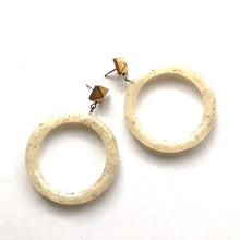 Load image into Gallery viewer, White Speckled with Brass Nailhead Donut Drop Earrings