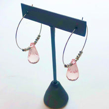 Load image into Gallery viewer, Pink Faceted Briolette on Gun Metal Hoop Earrings *