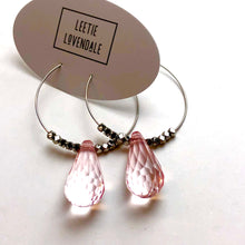 Load image into Gallery viewer, Pink Faceted Briolette on Gun Metal Hoop Earrings *