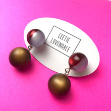 Load image into Gallery viewer, Ruby and Grey Harlequin with Coffee Moonglow Lollipop Drop Earrings