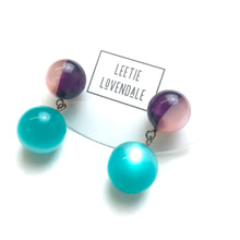 Load image into Gallery viewer, Purple &amp; Pink Harlequin with Teal Moonglow Lollipop Drop Earrings