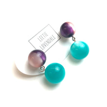 Load image into Gallery viewer, Purple &amp; Pink Harlequin with Teal Moonglow Lollipop Drop Earrings