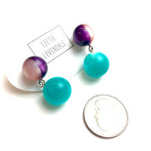 Load image into Gallery viewer, Purple &amp; Pink Harlequin with Teal Moonglow Lollipop Drop Earrings
