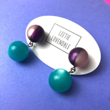Load image into Gallery viewer, Purple &amp; Pink Harlequin with Teal Moonglow Lollipop Drop Earrings