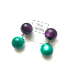 Load image into Gallery viewer, Deep Purple and Emerald Moonglow Lollipop Drop Earrings