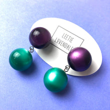 Load image into Gallery viewer, Deep Purple and Emerald Moonglow Lollipop Drop Earrings