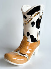 Load image into Gallery viewer, Two Tone Cow Print Cowboy Boot Vase