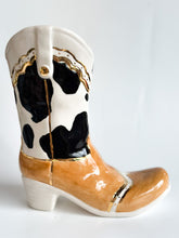 Load image into Gallery viewer, Monogrammed Two Tone Cow Print Cowboy Boot Vase