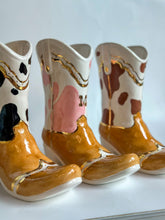Load image into Gallery viewer, Monogrammed Two Tone Cow Print Cowboy Boot Vase