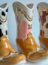 Load image into Gallery viewer, Monogrammed Two Tone Cow Print Cowboy Boot Vase