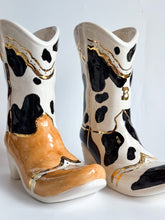 Load image into Gallery viewer, Two Tone Cow Print Cowboy Boot Vase