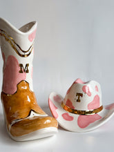 Load image into Gallery viewer, Monogrammed Two Tone Cow Print Cowboy Boot Vase