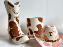 Load image into Gallery viewer, Monogrammed Cow Print Cowboy Boot Vase